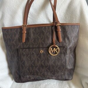 Michael Kors Brown Monogram Tote with Gold Hardware